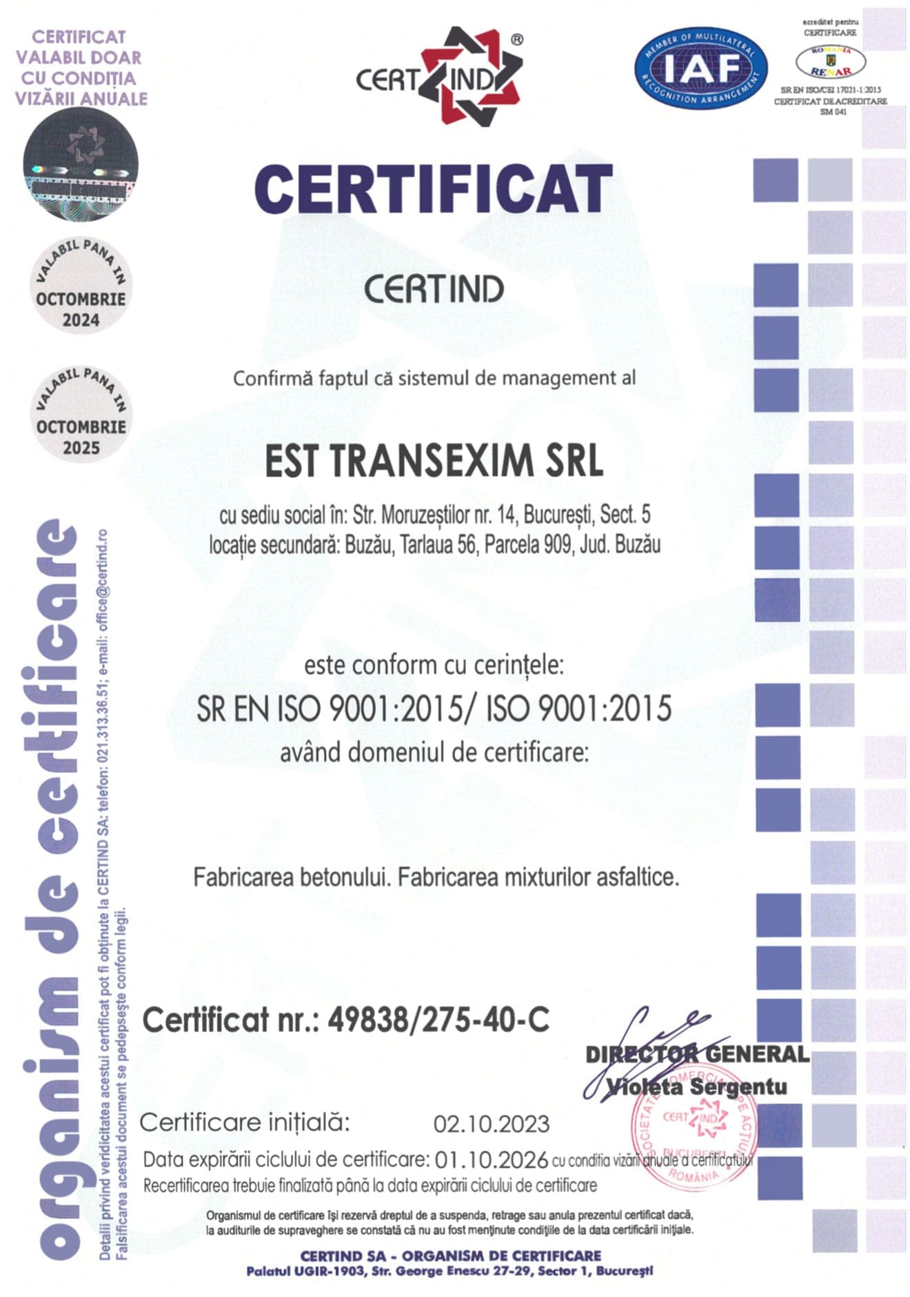 Certificat ISO 9001:2015 pentru Stația de Asfalt